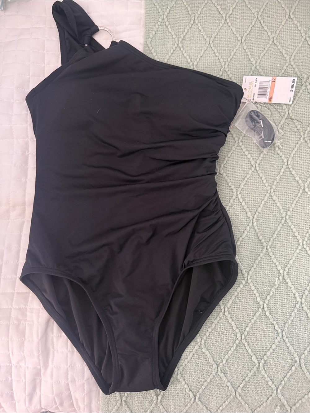 Michael Kors Black One-Shoulder Ruched One-Piece Swimsuit NWT size 12